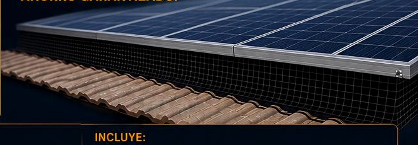 Solar panels protected with perimeter bird-proofing mesh