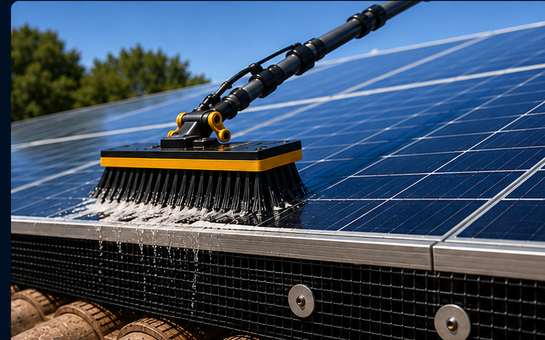 Solar panels being professionally cleaned with visible perimeter bird-proofing mesh